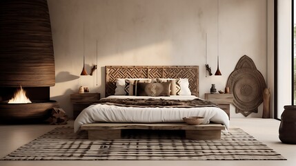 A tribal-themed bedroom with ethnic-patterned bedspread and woven side tables - obrazy, fototapety, plakaty