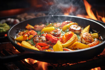 Sizzling Scallops and Vegetables on Cast Iron Skillet