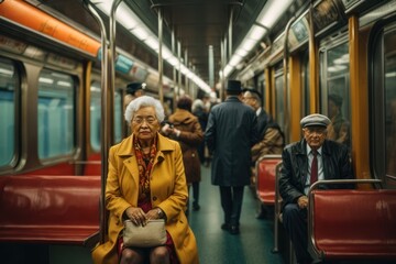 Old woman in a yellow coat with a handbag sitting in a subway car