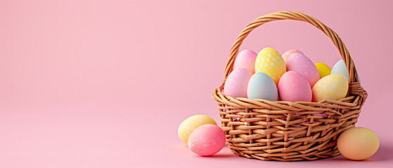 a variation of colorful easter eggs in the basket and some eggs on the floor on easter day at the right side of the frame, leaving the blank area on the left, isolated minimal pastel pink background