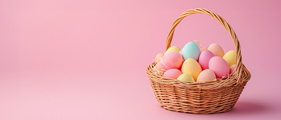 Fototapeta na wymiar a variation of colorful easter eggs in the basket on the easter day at the right side of the frame, leaving the blank area on the left, isolated pastel pink background