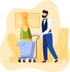 Bearded man shopping, pushing a cart filled with groceries and a giant champagne bottle. Celebratory grocery shopping, male figure preparing for a festivity.