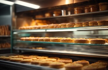 Hot freshly baked products on shelves and the oven