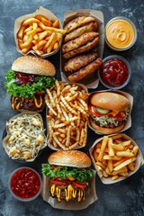 Fast food burgers, fries, sauces top down view