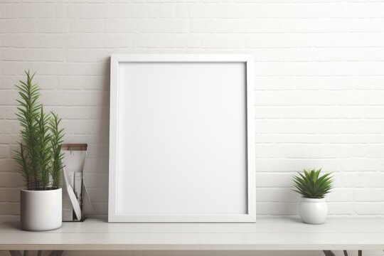 White Square Frame Mockup on Light Shelf. Rectangle Poster Up for Display. Empty White Frame
