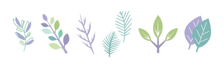 Simple Leaf and Foliage Element with Stem Vector Set - obrazy, fototapety, plakaty