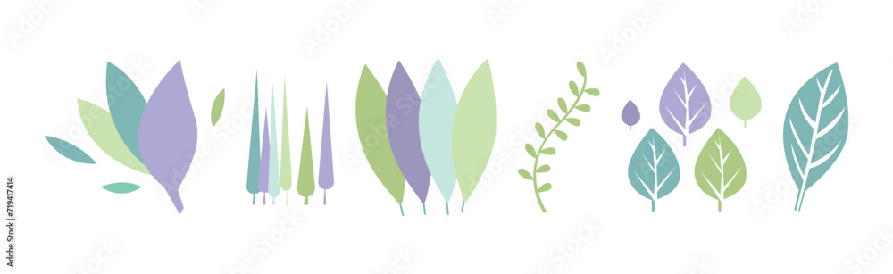 Poster simple leaf and foliage element with stem vector set