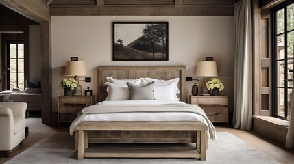 A rustic farmhouse bedroom featuring a wooden bed and vintage side tables