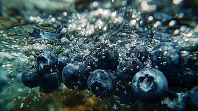  close up stock video on blueberries underwater and fl