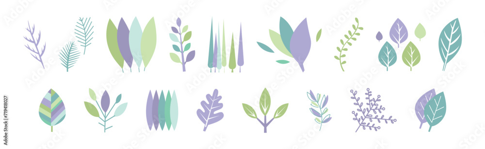 Poster simple leaf and foliage element with stem vector set