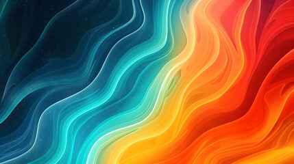 Vibrant rainbow, orange blue teal white psychedelic grainy gradient color flow wave on black background, 