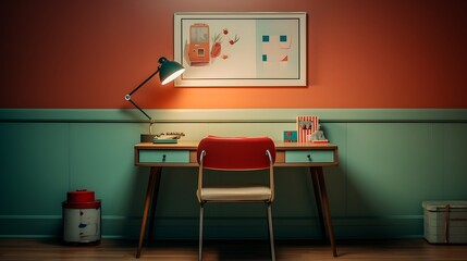 A retro-chic study room with a colorful vintage desk and modern chair