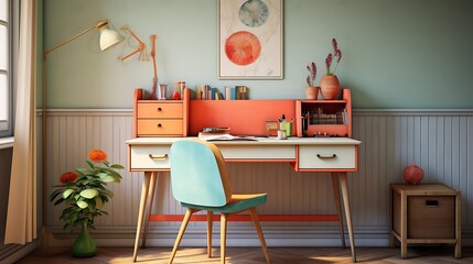 A retro-chic study room with a colorful vintage desk and modern chair