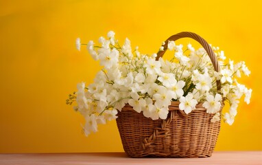 Fototapeta na wymiar White flowers in wooden basket on yellow spring background