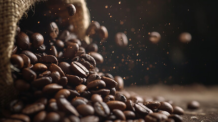  coffee beans drop into a black coffee bean sack in - obrazy, fototapety, plakaty