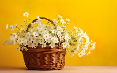 White flowers in wooden basket on yellow spring background