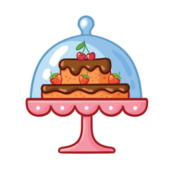 Cute cake under glass dome in cartoon style. Vector Illustration