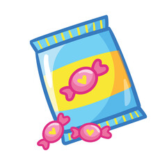 Candy in plastic bag. Sweets in package in cartoon style.