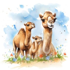 Watercolor illustration of a family of camels on a white background.