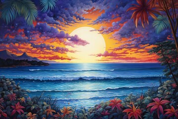 Beautiful seascape with palm trees and sunset,  Digital painting - obrazy, fototapety, plakaty
