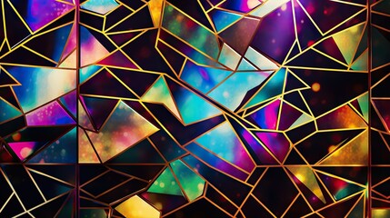 background of abstract rainbow shimmering geometric shapes. Endless sharp polygonal stained glass field with black outlined edges.