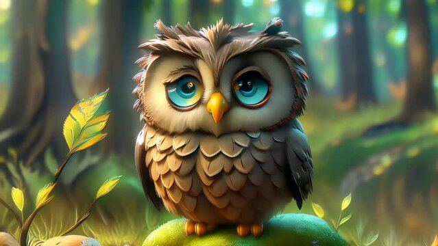 Cute Cartoon Owl in the Woods