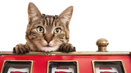cat peeking over the top of a casino slots machine