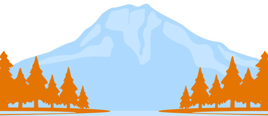 Winter mountain landscape with orange pine trees, blue snowy background. Simplistic nature scene, cold weather vector illustration.