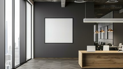 interior of office with a window and mock up white poster frame