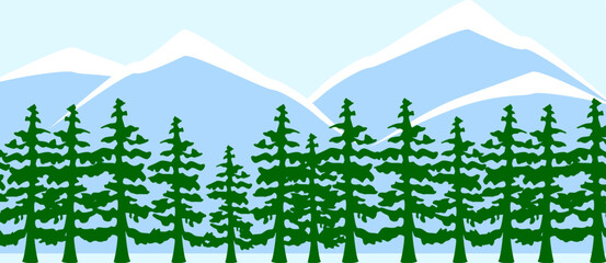 Pine forest with snow-capped mountains in the background. Simplified landscape with evergreen trees and blue sky. Nature and winter scenery vector illustration.