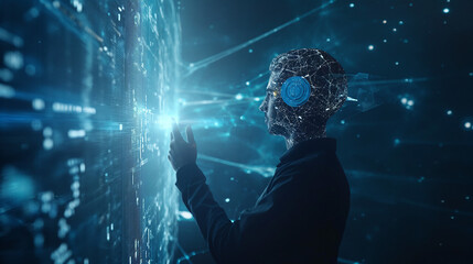 An individual interacts with a cybernetic network, featuring a digital brain interface overlay, against a backdrop of code.