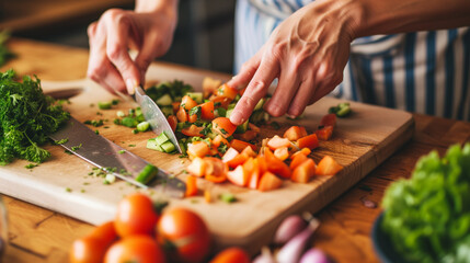 A close-up of a chef's hands slicing vegetables on a cutting board. The cook's hands are chopping vegetables. Cooking in progress.