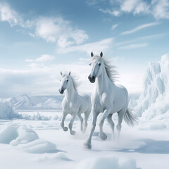 Obraz na płótnie Canvas White Horses on snow fields