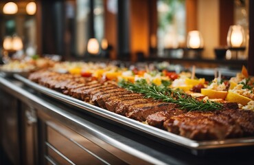 Catering buffet food indoor in restaurant with grilled meat