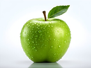 Fresh green apple fruit with water droplets on it in white background