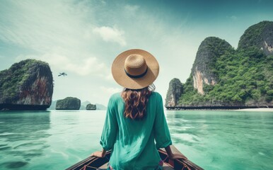 A woman wearing a hat is seated in a boat, floating on a calm waterway.