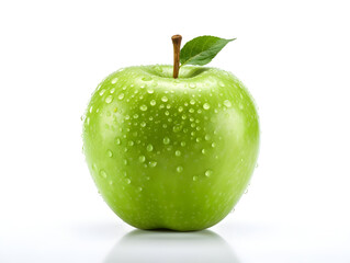 Fresh green apple fruit with water droplets on it in white background