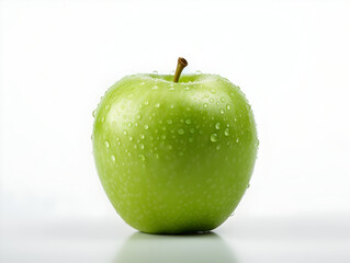 Fresh green apple fruit with water droplets on it in white background