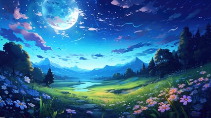 Obraz premium A painting depicting a landscape with vibrant flowers and a full moon shining brightly in the night sky.
