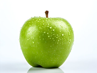 Fresh green apple fruit with water droplets on it in white background