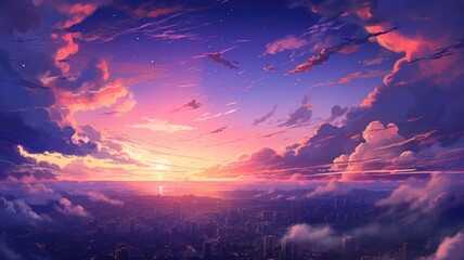 Fototapeta na wymiar A stunning sunset showcasing vibrant colors, fluffy clouds, and a city skyline creating a breathtaking backdrop.
