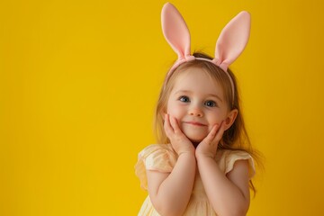 Cute little smiling girl wears pink bunny ears against yellow background with space for text