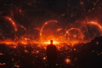 Silhouette of a man standing in the middle of a ravine full of sparks
