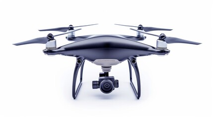 Aerial Drone Isolated on White Background. Top Front Side View Quad Copter with Digital Camera. Flying Remote Control Air Drone. Headless Quadcopter with 4K Hasselblad Camera and Remote Control