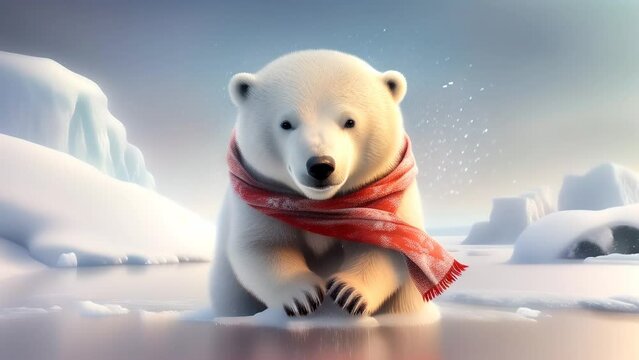 Polar Bear in the Snow Wearing a Red Scarf