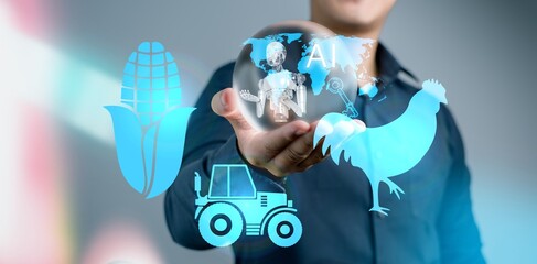 AI Integration in Smart Farming and Poultry Management : A person displays a holographic globe...
