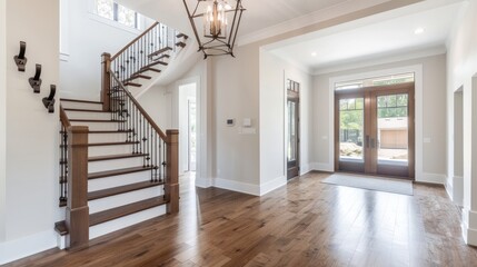 Bright and airy entry foyer with white wall stair case light colored hard wood flooring dark walnut front door entry coat rack hooks to a welcoming interior - obrazy, fototapety, plakaty