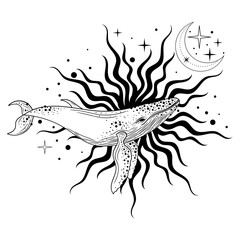 Mystical whale. Silhouette of a blue, humpback whale, killer whale. Poster. Tattoo style. Vector.