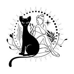 Mystical black cat. Silhouette. Poster with a cat. Vector.