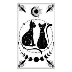 Mystical black cat. Silhouette. Poster with a cat. Vector.